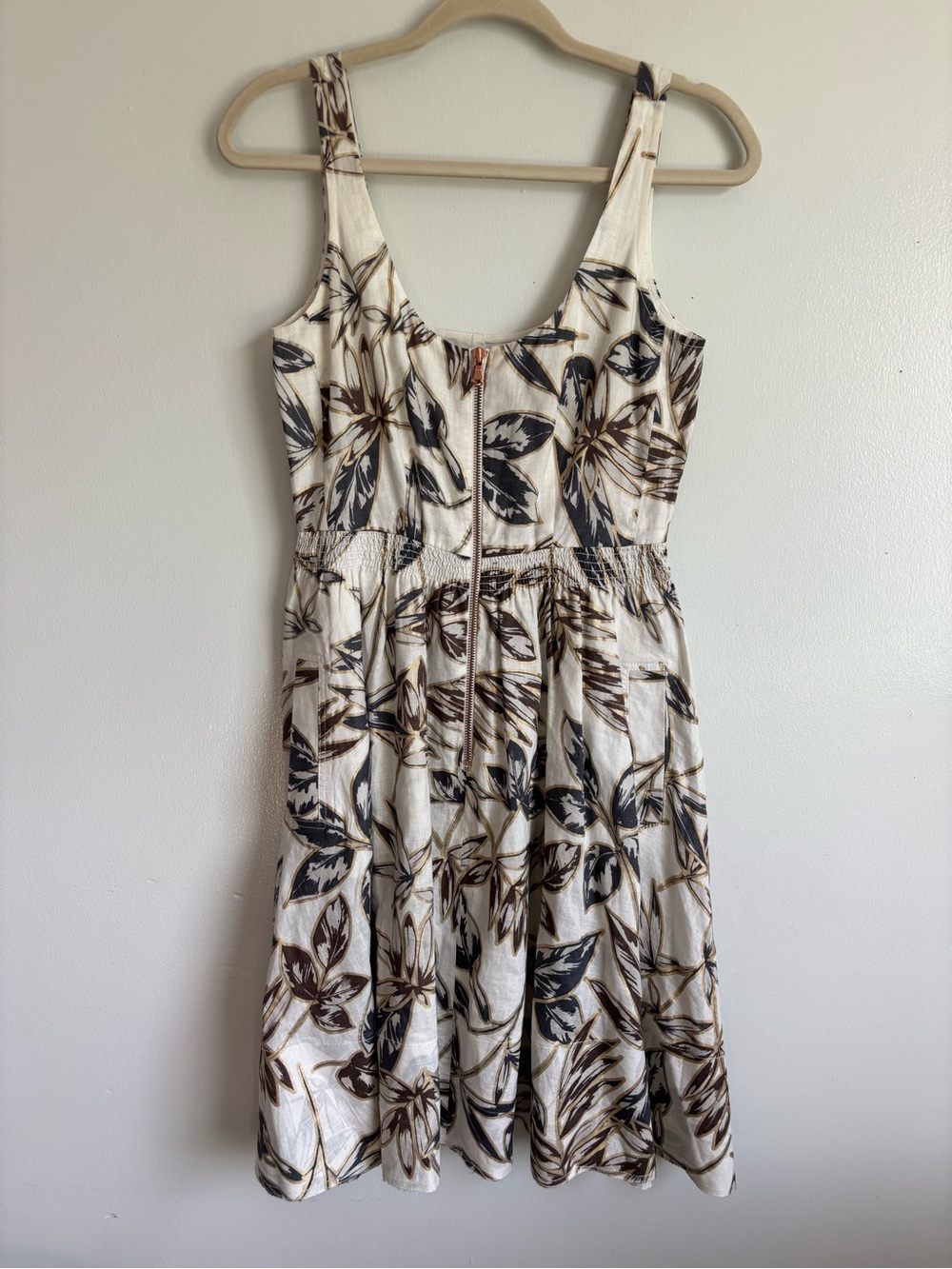 J.CREW Gold Foil Leaf Botanical Stretch Waist Front Zip Linen Dress 2 - Picture 2 of 9